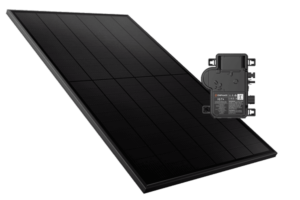 Enphase IQ series microinverter displayed in front of a Solahart Silhouette bifacial solar panel