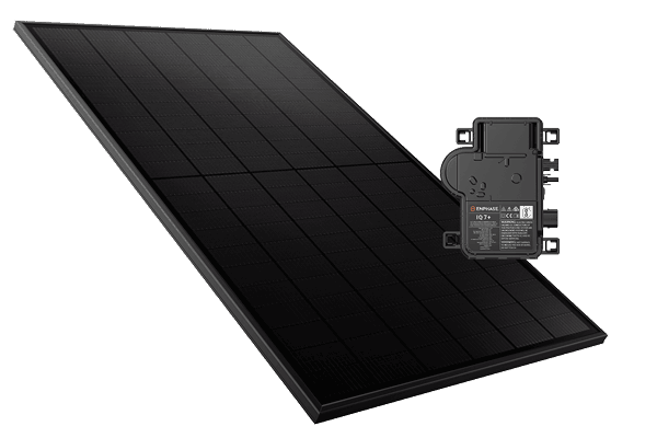 Enphase IQ series microinverter displayed in front of a Solahart Silhouette bifacial solar panel