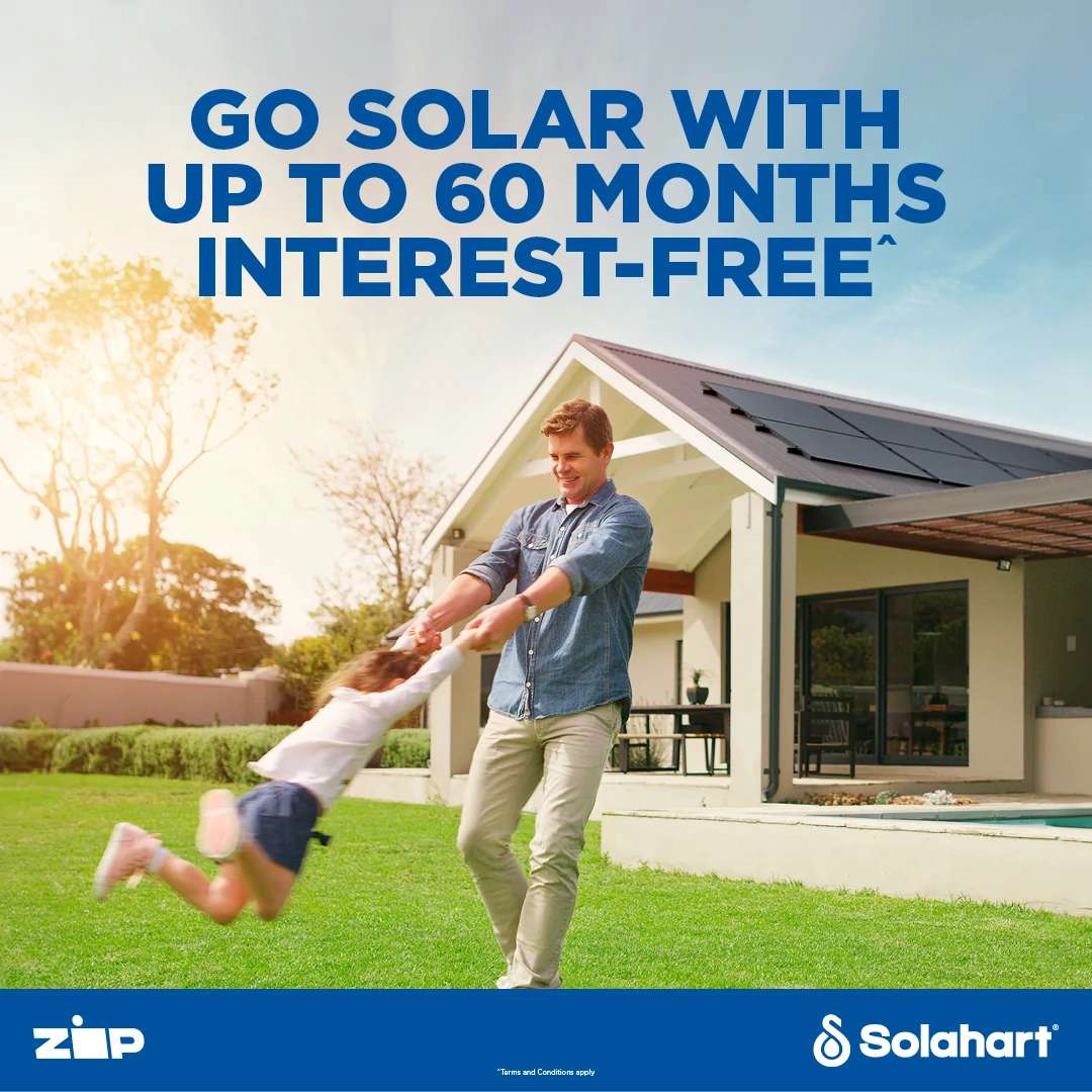60 months interest free finance available on residential solar products from Solahart. Terms and conditions apply.